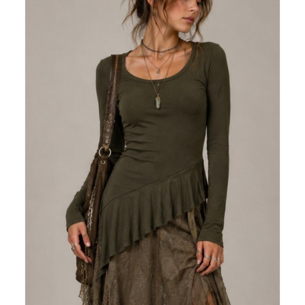 Womens Fairy Grunge Asymmetrical Ruffle Top XS Green Goblincore Indie Sleaze